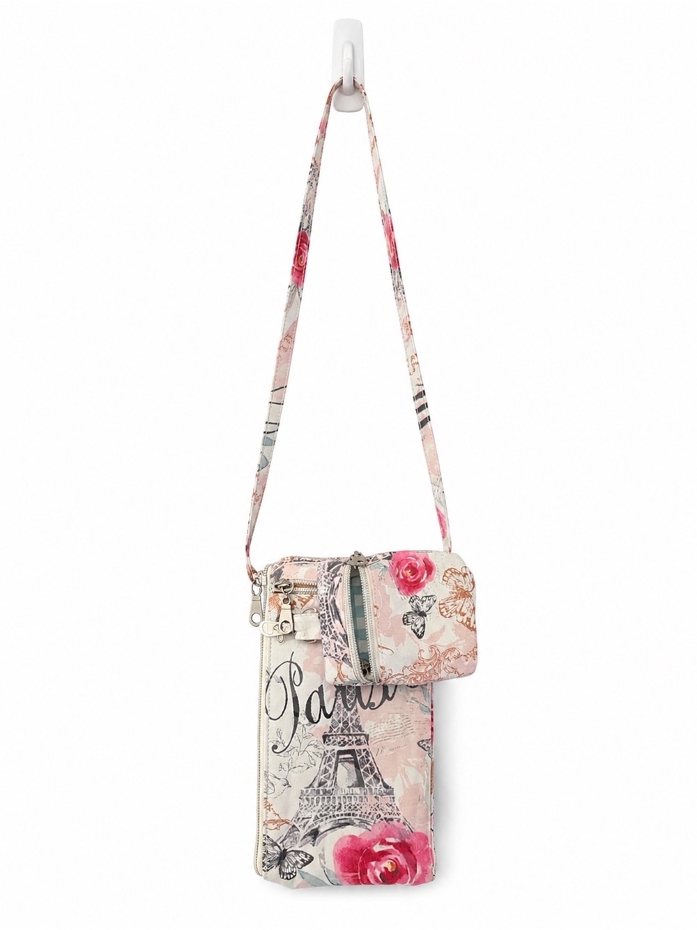 Paris Eiffel Tower Floral Crossbody with Clear Front and Mini Bag attached
